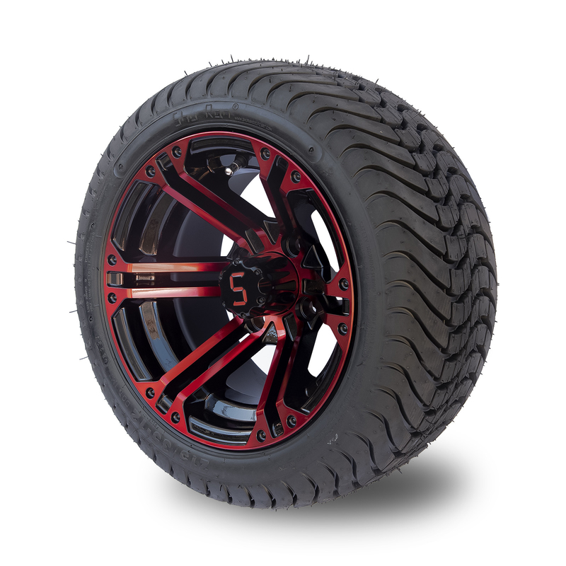 Bánh xe và lốp xe golf cart 12 inch bằng nhôm màu Đỏ / Đen bóng 215/35-12