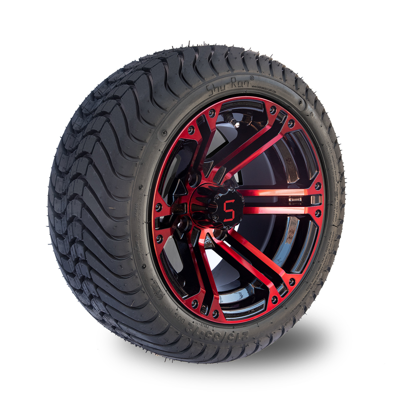 Bánh xe và lốp xe golf cart 12 inch bằng nhôm màu Đỏ / Đen bóng 215/35-12
