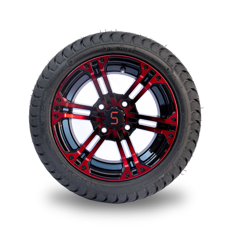 Bánh xe và lốp xe golf cart 12 inch bằng nhôm màu Đỏ / Đen bóng 215/35-12
