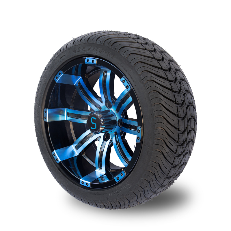 Combo bánh và lốp xe golf 14 inch 225/30-14 DOT, Vành màu Xanh lam / Đen bóng, PCD 101.6