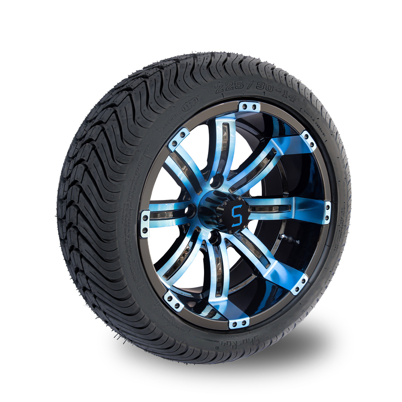 Combo bánh và lốp xe golf 14 inch 225/30-14 DOT, Vành màu Xanh lam / Đen bóng, PCD 101.6