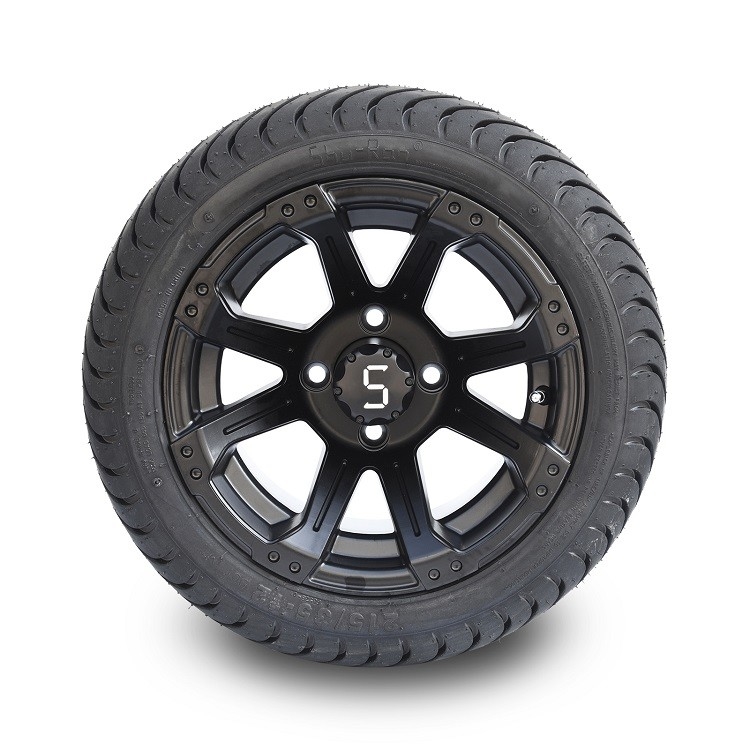 Bánh xe golf cart 12 inch màu đen mờ và lốp đường phố 215/35-12, chuẩn DOT, kiểu bu-lông 4x4