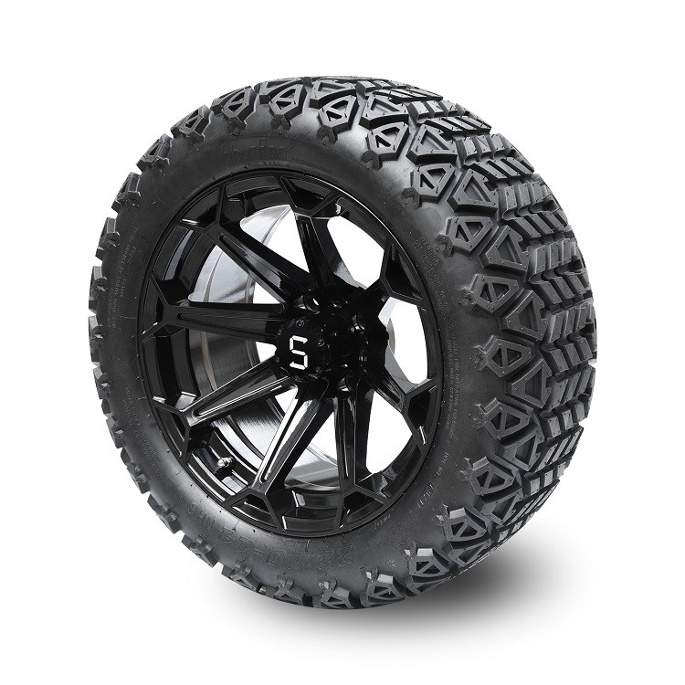 Bánh xe golf cart 14 inch màu đen bóng và lốp DOT 22x10-14 với chụp trung tâm và đai ốc