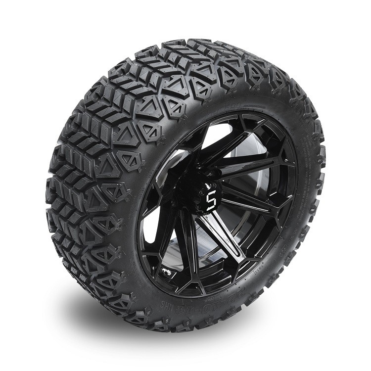 Bánh xe golf cart 14 inch màu đen bóng và lốp DOT 22x10-14 với chụp trung tâm và đai ốc