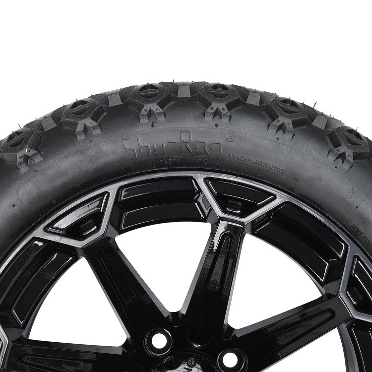 Bánh xe golf cart 14 inch màu đen bóng và lốp DOT 22x10-14 với chụp trung tâm và đai ốc