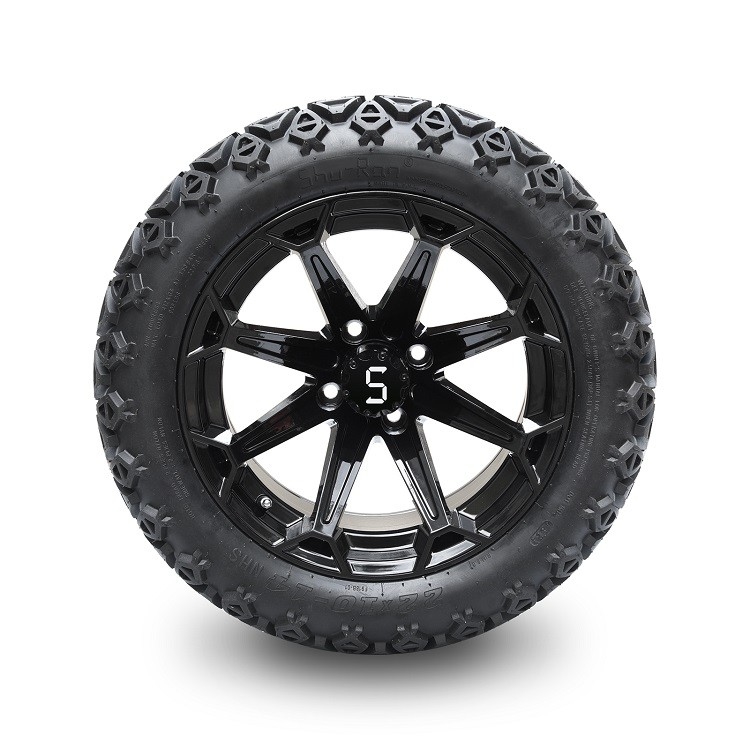 Bánh xe golf cart 14 inch màu đen bóng và lốp DOT 22x10-14 với chụp trung tâm và đai ốc