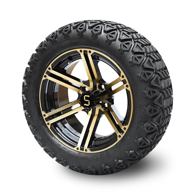 Bộ vành xe golf 14 inch màu đồng/đen và lốp địa hình 22*10-14 bao gồm đai ốc và chụp tâm