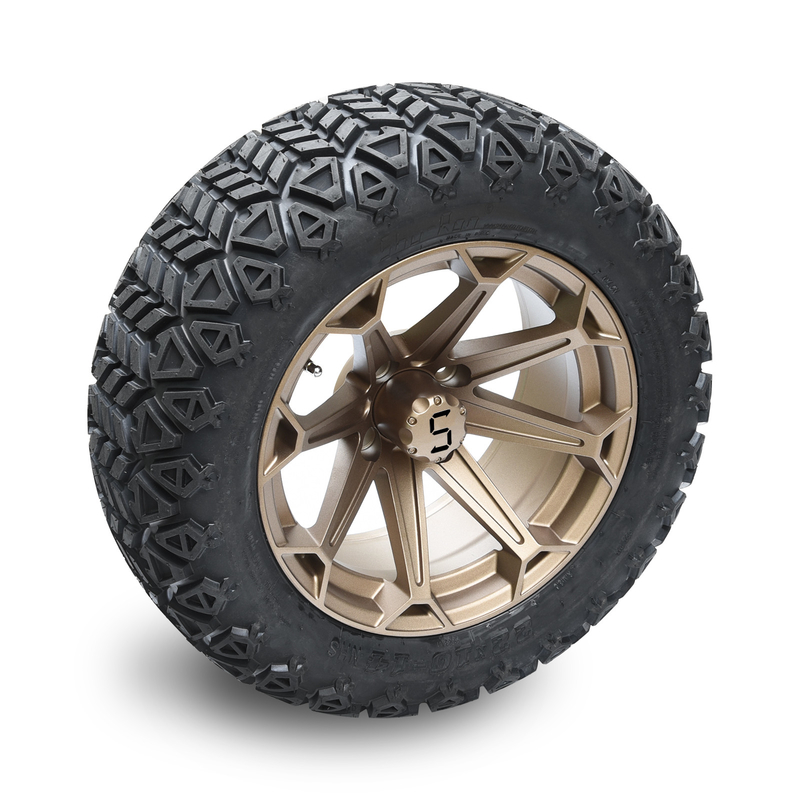 Bánh xe golf cart màu đồng 14 inch và lốp địa hình 22x10-14 với ốc vít và nắp chụp tâm
