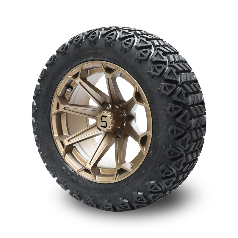 Bánh xe golf cart màu đồng 14 inch và lốp địa hình 22x10-14 với ốc vít và nắp chụp tâm