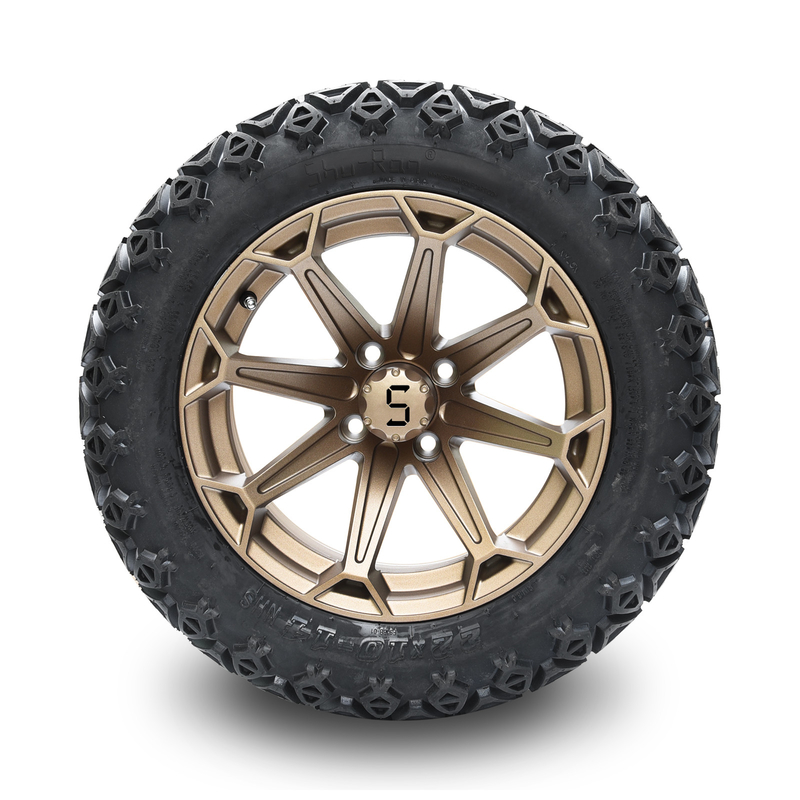 Bánh xe golf cart màu đồng 14 inch và lốp địa hình 22x10-14 với ốc vít và nắp chụp tâm