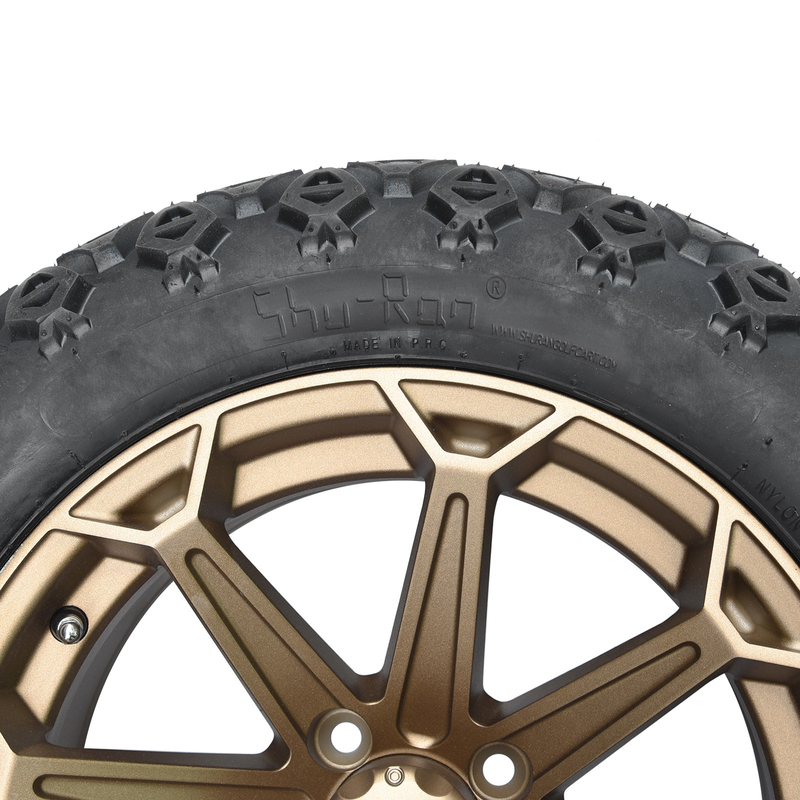 Bánh xe golf cart màu đồng 14 inch và lốp địa hình 22x10-14 với ốc vít và nắp chụp tâm