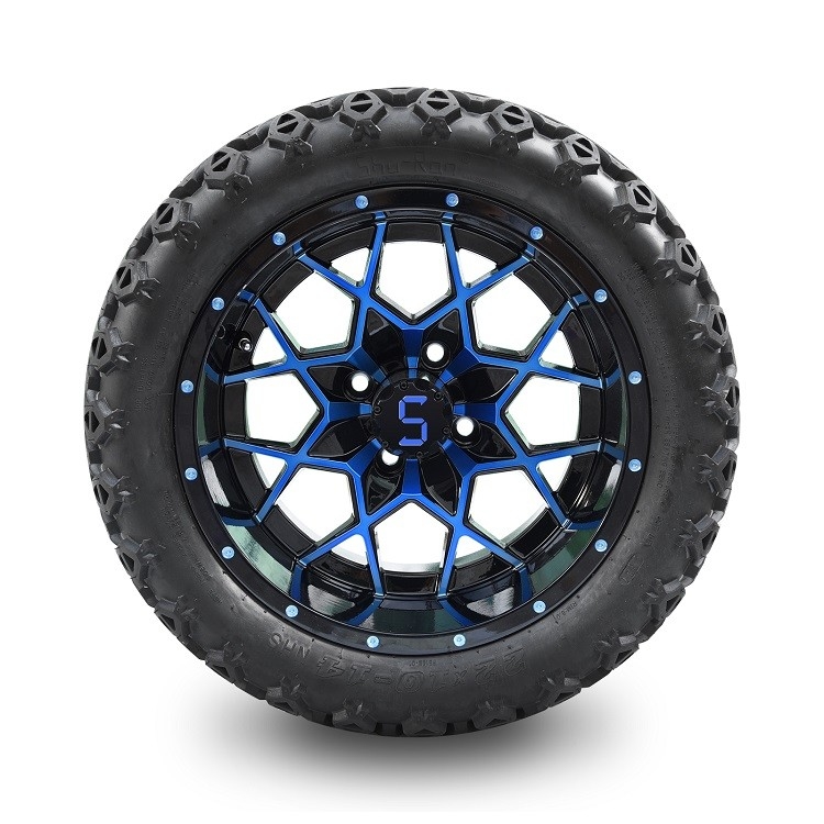 Bánh xe và lốp xe golf cart 14 inch màu xanh/đen và lốp địa hình 22*10-14