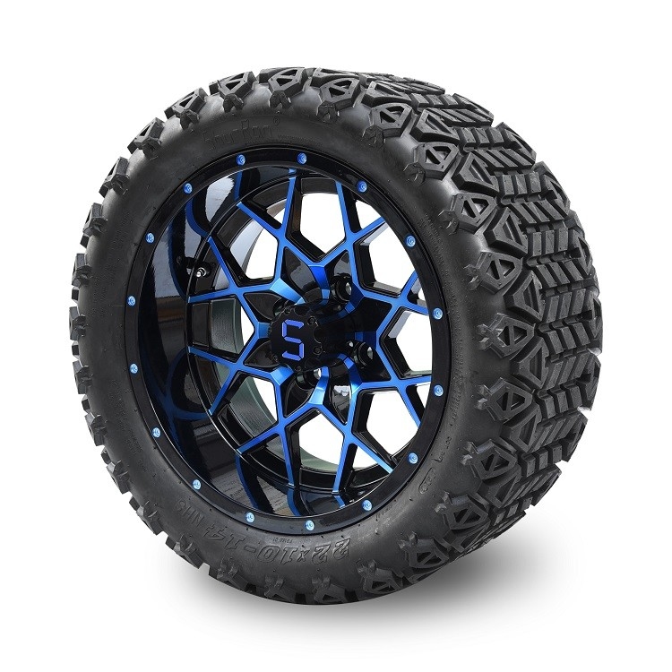 Bánh xe và lốp xe golf cart 14 inch màu xanh/đen và lốp địa hình 22*10-14