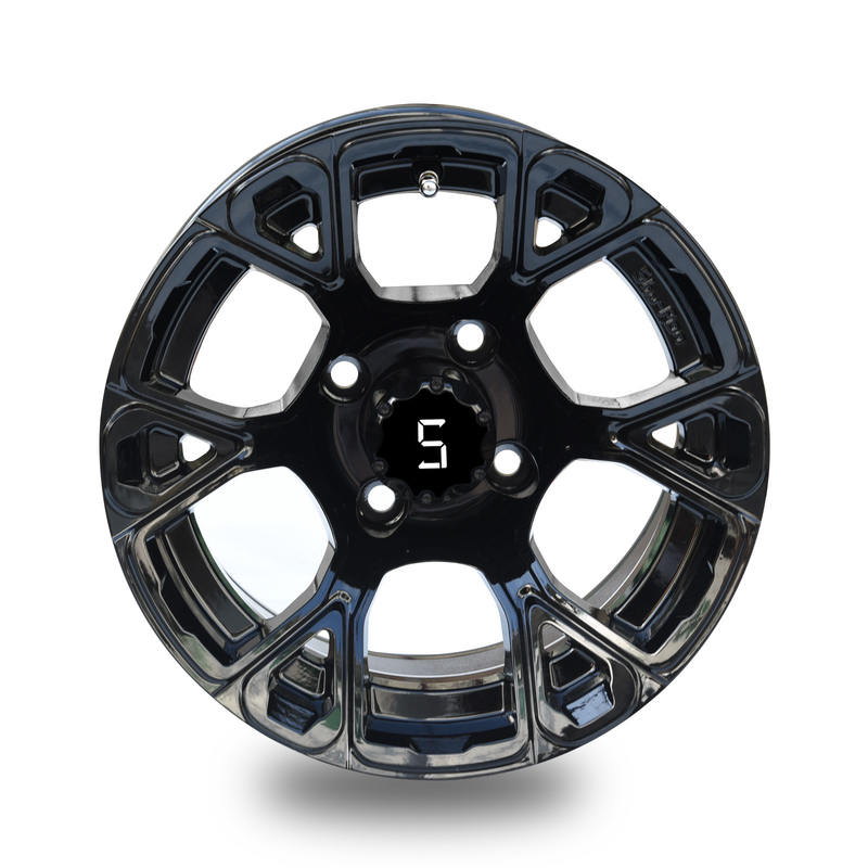 Golf Cart 12' 'Glossy Black Rim 6 Spokes 4 * 4 Bolt Pattern bao gồm Cap Trung tâm
