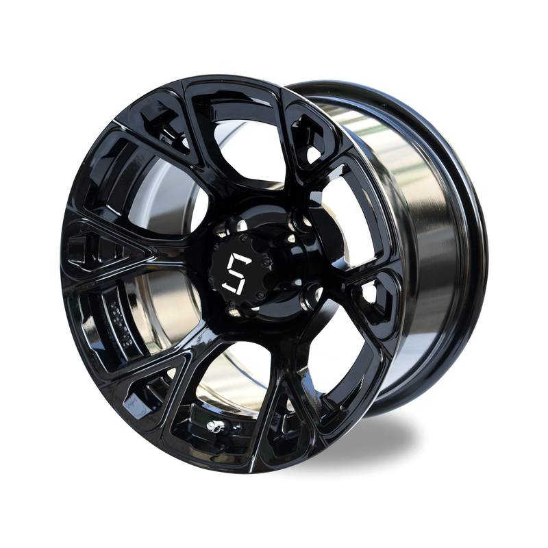 Golf Cart 12' 'Glossy Black Rim 6 Spokes 4 * 4 Bolt Pattern bao gồm Cap Trung tâm